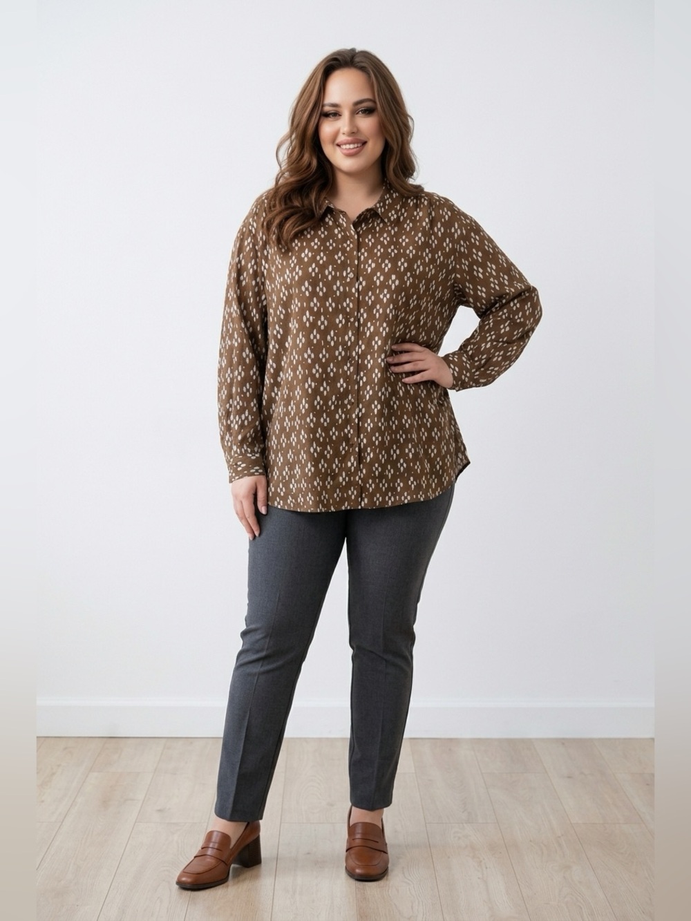 Roaman's 5X long-sleeve button-front shirt featuring a brown/white Blouse